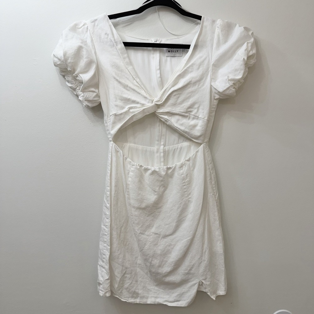 Hello Molly 6 White Linen Cotton Puff Sleeve Dress Front Cutout